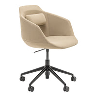 Beige upholstered swivel chair with a sleek black base and a minimalist design, featuring a subtle, smooth texture.