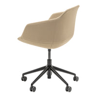 Beige upholstered chair with a sleek black five-spoke base and smooth, curved design for modern elegance.