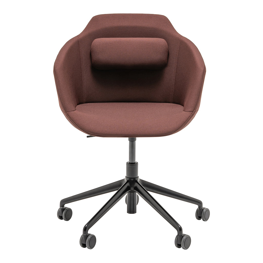 Brown fabric office chair with a unique hexagonal shape and a sleek, modern black base.