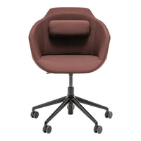Brown fabric office chair with a unique hexagonal shape and a sleek, modern black base.