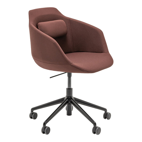 "Modern swivel chair in rust brown with a smooth fabric finish and black metal base, featuring a stylish rounded design."