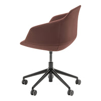 Brown modern office chair with a sleek design and black wheeled base, featuring a smooth fabric finish.