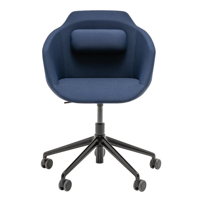 Navy blue upholstered office chair with sleek black base and minimalist design. Perfect for modern workspaces.