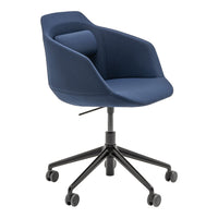 Navy blue upholstered swivel chair with a sleek black base and minimalist design. Perfect for modern office decor.