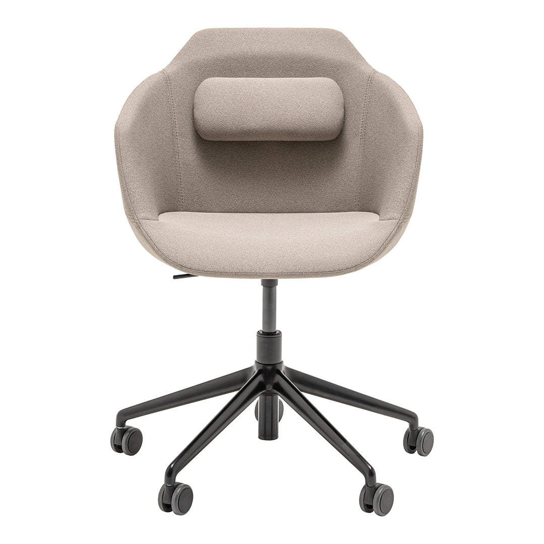 Beige upholstered office chair with a round back and black rolling base, featuring a minimalist design.