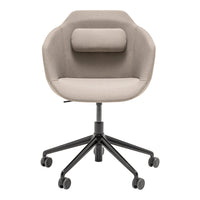 Beige upholstered office chair with a round back and black rolling base, featuring a minimalist design.