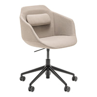 Beige upholstered swivel chair with a sleek black base and smooth, modern design. Perfect for stylish office decor.