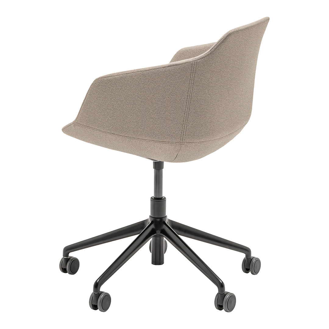 Light beige upholstered chair with a sleek, modern design and a black metal base, featuring a smooth, minimalist finish.