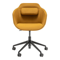 Mustard yellow fabric chair with a smooth, modern design and a black rolling base. Perfect for home or office decor.