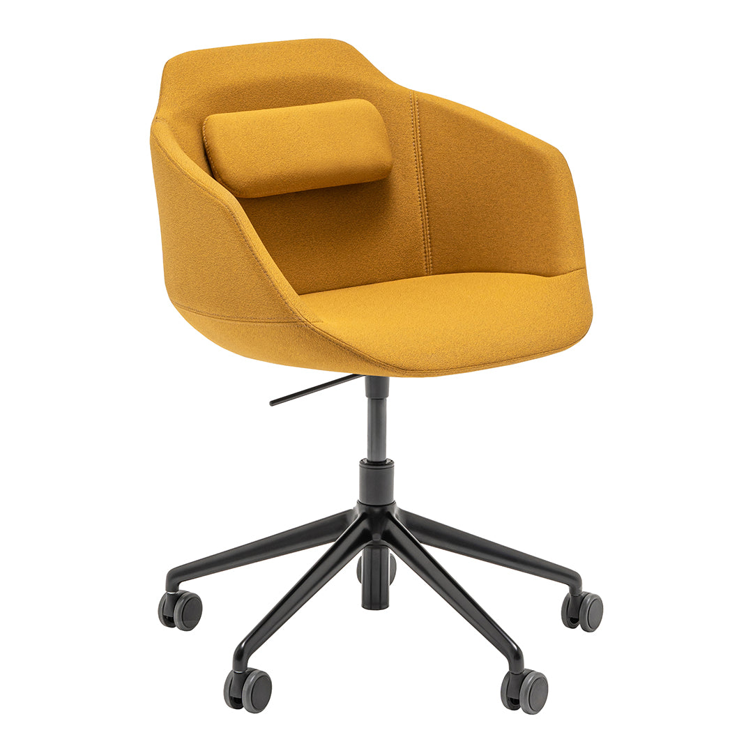 Yellow upholstered office chair with a modern design and black rolling base. Ideal for stylish workspaces.