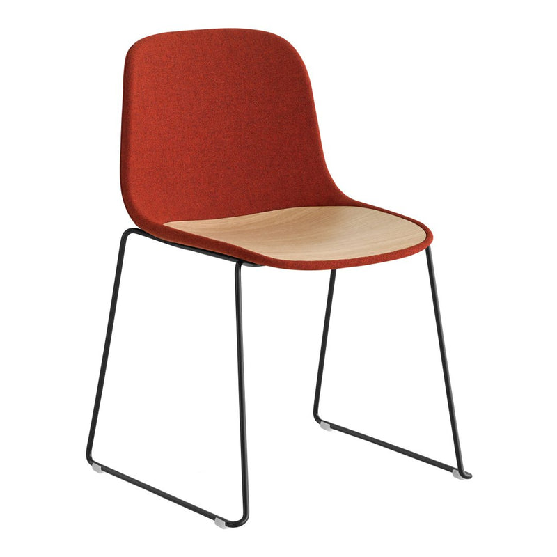 Modern chair in vibrant orange fabric with a natural wooden seat and sleek black metal legs.