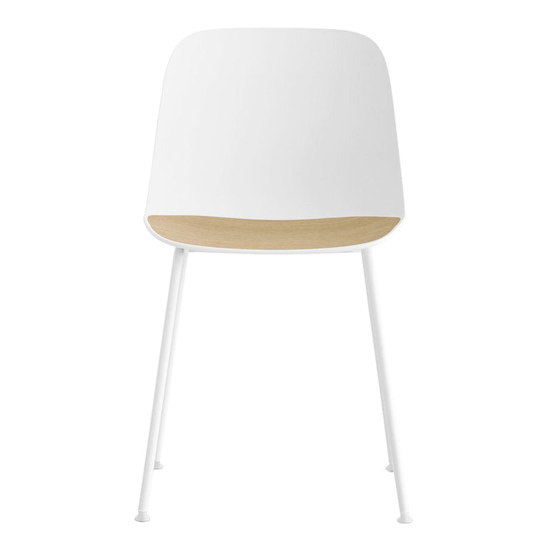 White modern chair with a smooth finish and natural wood accent on the seat, supported by slim white legs.