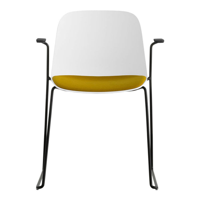 Modern chair featuring a sleek white upper with a vibrant yellow bottom and minimalist black legs. Ideal for stylish decor.
