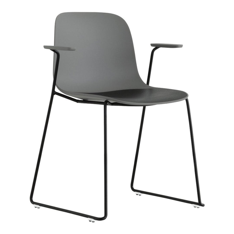 Modern gray chair with a sleek black metal frame and minimalist design, perfect for contemporary spaces.