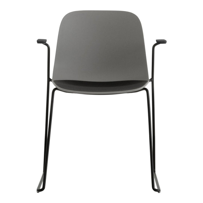 Gray chair with a smooth, minimalistic design and sleek black metal legs. Perfect for modern decor.