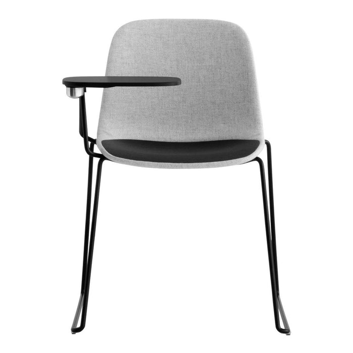 "Modern gray chair with a sleek black armrest and legs, featuring a simple and elegant design."