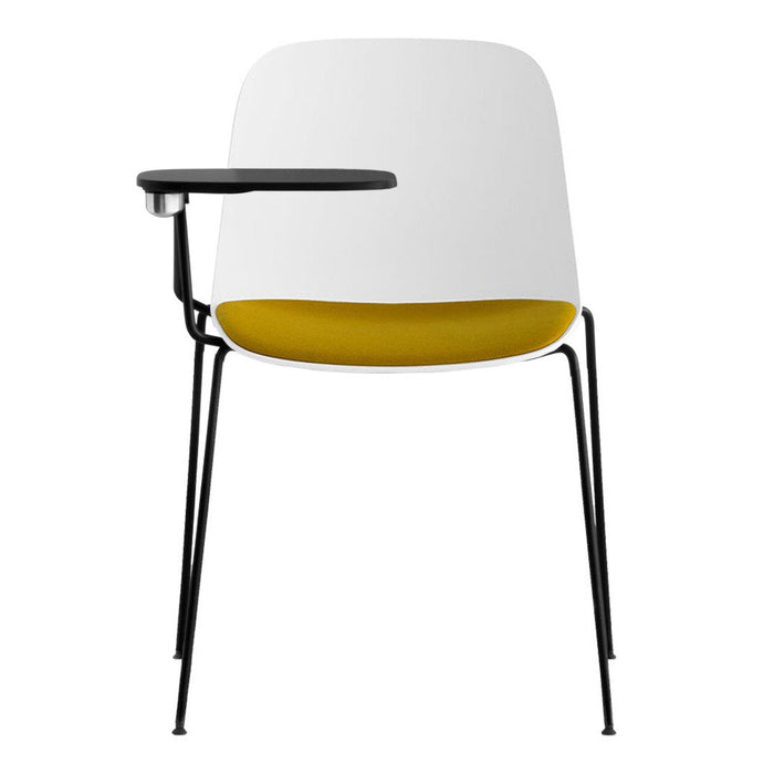 Modern chair featuring a sleek white back, vibrant yellow seat, and minimalistic black metal legs. Perfect for stylish decor.