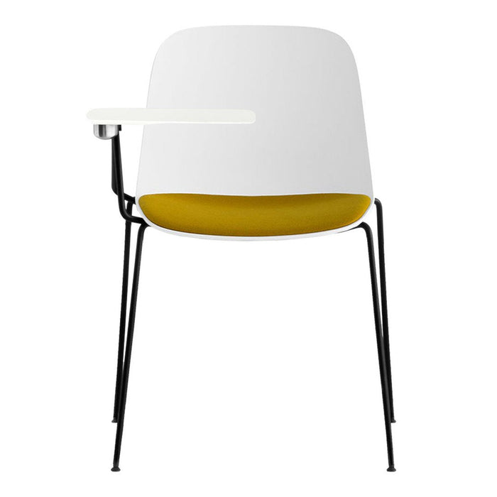 Modern chair featuring a sleek white exterior with a vibrant yellow interior and black metal legs. Stylish and contemporary design.