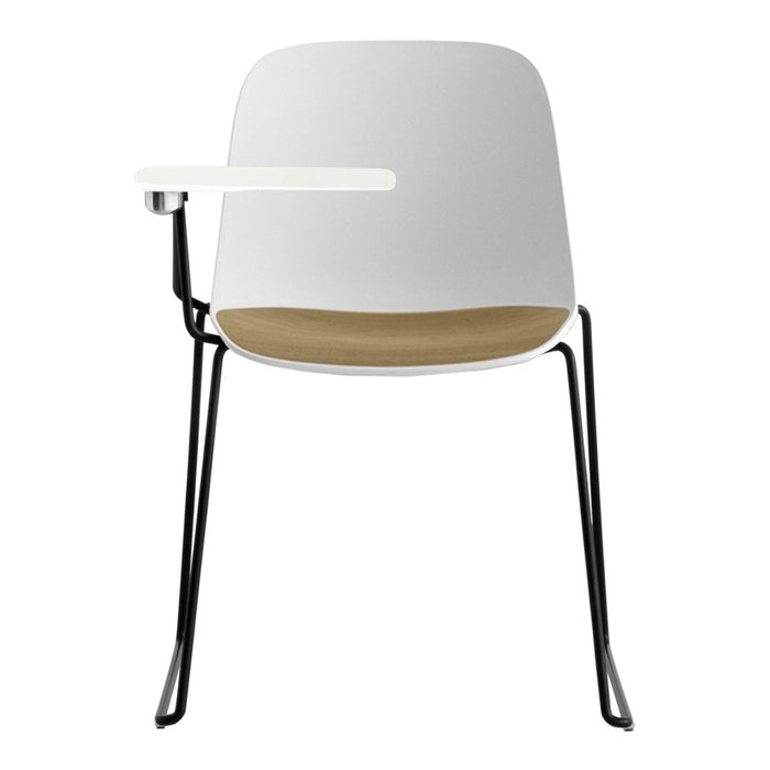 Modern white chair with a natural wood seat and sleek black metal legs, featuring a minimalist design.