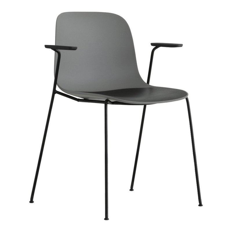Gray ergonomic chair with sleek black metal legs and minimalist design, perfect for modern interiors.