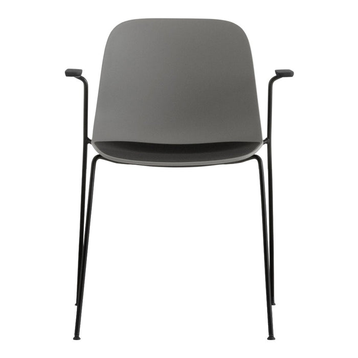Gray chair with a minimalist design, featuring a smooth surface and black metal legs for a modern look.