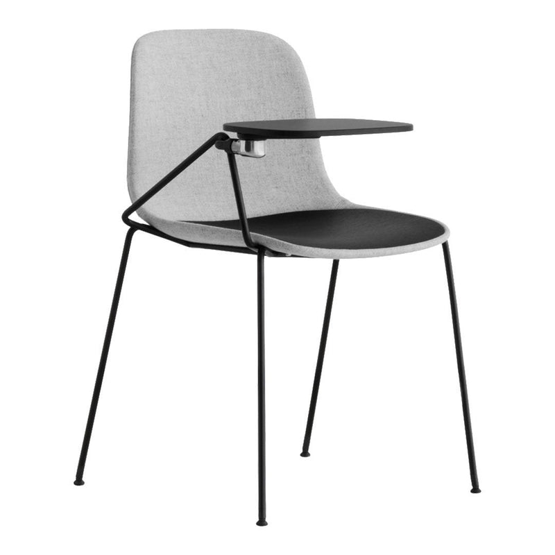 Gray fabric chair with a sleek black seat and tabletop, featuring minimalist black metal legs. Modern design, versatile colors.