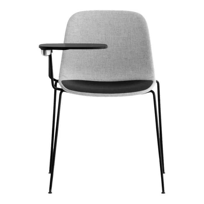 Gray upholstered armchair with a sleek black metal frame and matching armrest, featuring a minimalist design.
