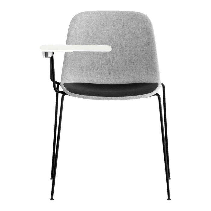 Gray fabric chair with black legs and a white armrest, featuring a sleek, modern design. Minimalist style.