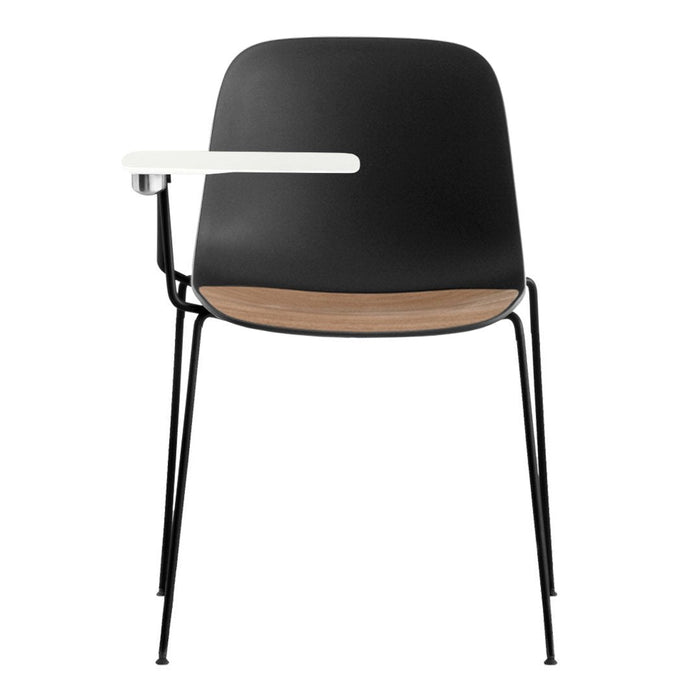 Black chair with a wood seat and white armrest, featuring a sleek, modern design and minimalist black metal legs.