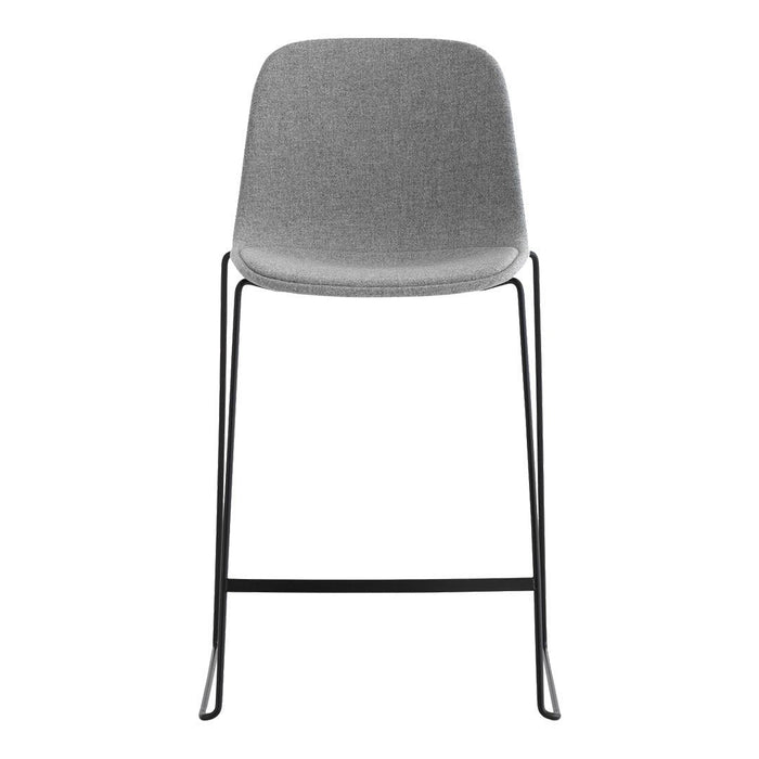 Gray upholstered chair with a sleek black metal frame, featuring a minimalist design and smooth texture.