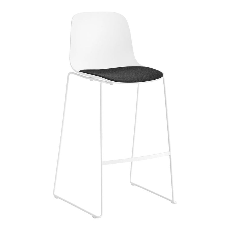 White modern stool with a sleek design and a contrasting black padded seat, sitting on a minimalist white frame.