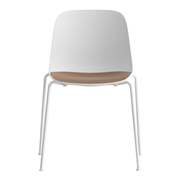 White chair with a smooth finish and light wood accent, featuring sleek metal legs for a modern look.