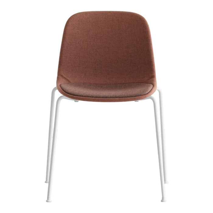 Brown upholstered chair with a smooth finish and sleek white metal legs, offering a modern design aesthetic.