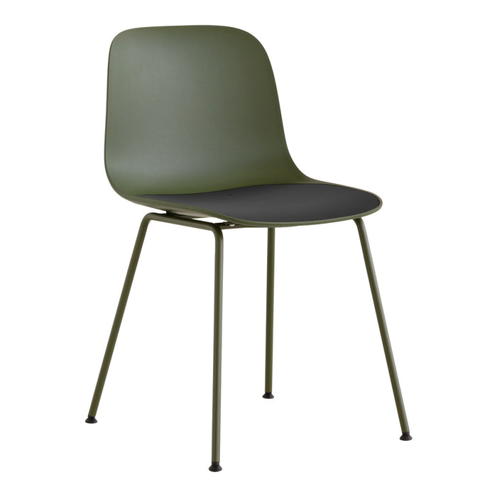 Olive green chair with a black seat and sleek metal legs for a modern, stylish seating solution.