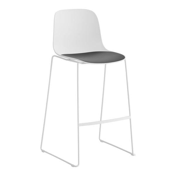 Stylish bar stool featuring a white backrest, gray seat, and sleek white metal frame for a modern look.