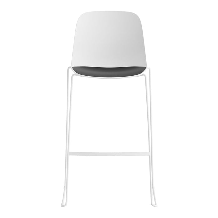 White and gray bar stool with a sleek, minimalist design and a smooth finish on a white metal frame.