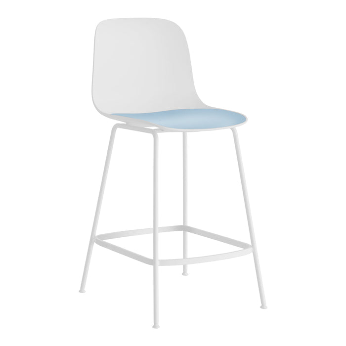 White bar stool with a light blue seat, featuring a sleek, minimalist design and a modern aesthetic.