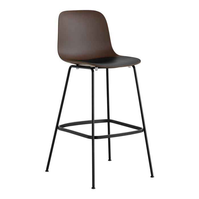 Brown high stool with a sleek black seat and minimalist black metal legs, perfect for modern decor.