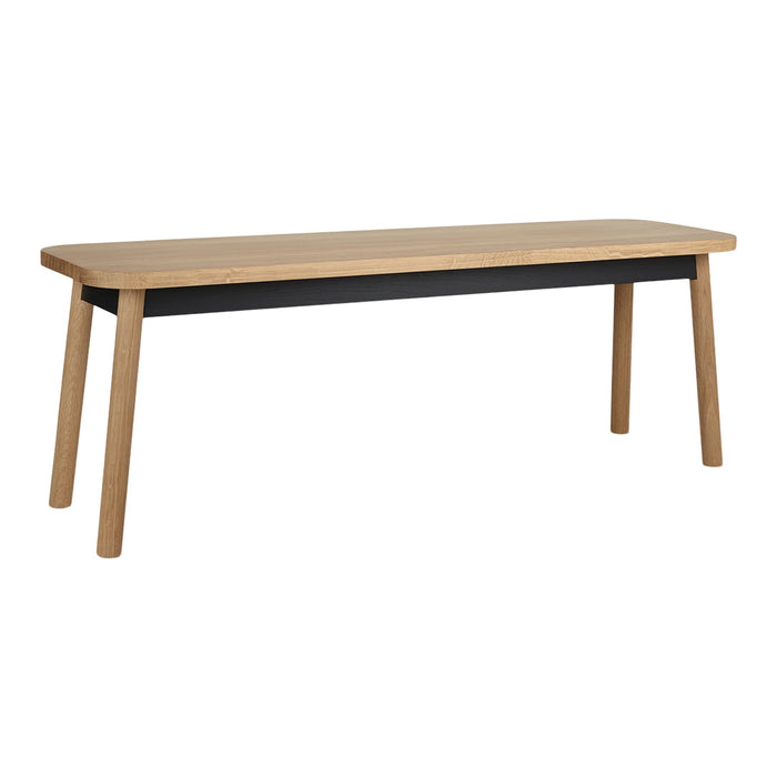 Natural oak finish with a sleek black lower shelf; minimalist design and smooth edges for modern decor.