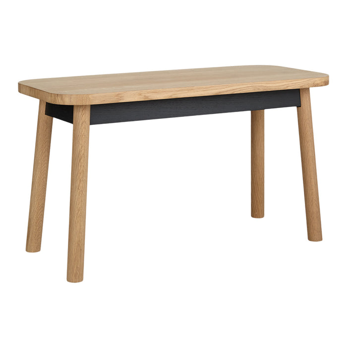 Natural oak wood table with sleek black under-drawer, combining warm tones with modern minimalistic design.
