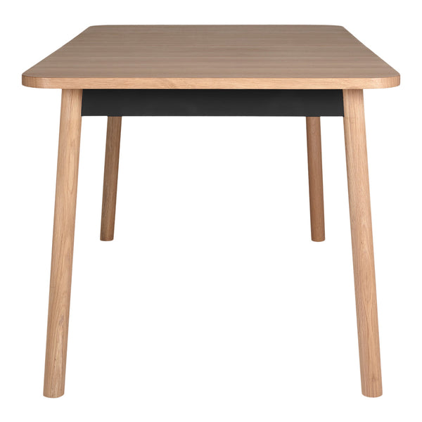 Light wood table with a sleek black drawer, featuring a minimalist design and smooth finish. Ideal for modern interiors.