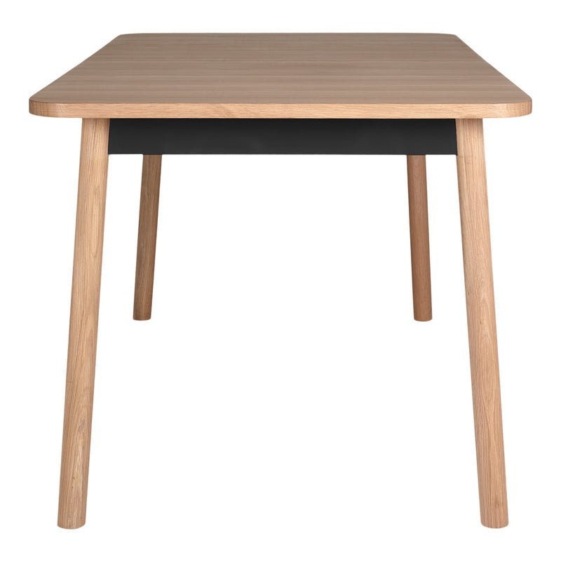 Light wood table with a sleek black drawer, featuring a minimalist design and smooth finish. Ideal for modern interiors.