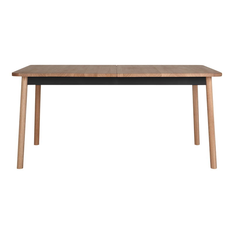 Wooden table with a natural finish top and sleek black undercarriage, featuring clean lines and a minimalist design.