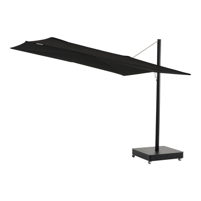 Black rectangular canopy with smooth fabric, mounted on a sturdy black base. Ideal for outdoor shading.