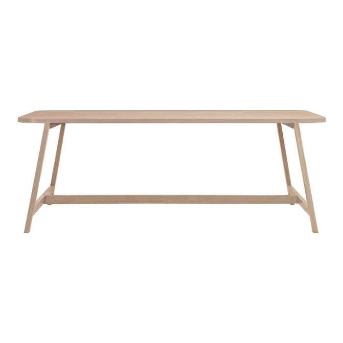 Light wood dining table with a sleek, minimalist design and natural finish; clean lines enhance modern aesthetics.