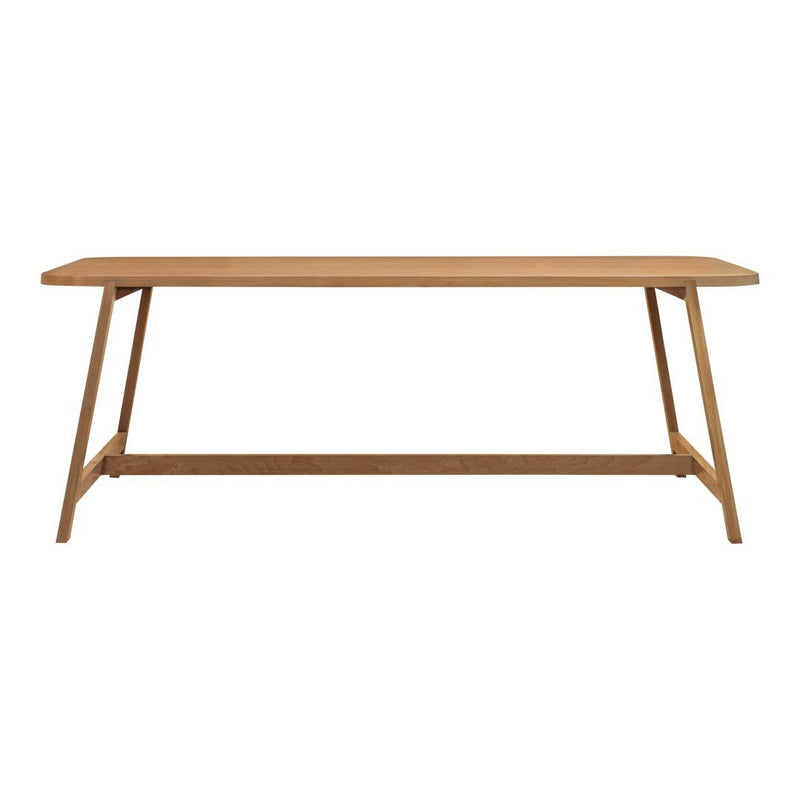 Light oak wood dining table with a smooth, plain surface and angled legs, showcasing natural wood grain patterns.