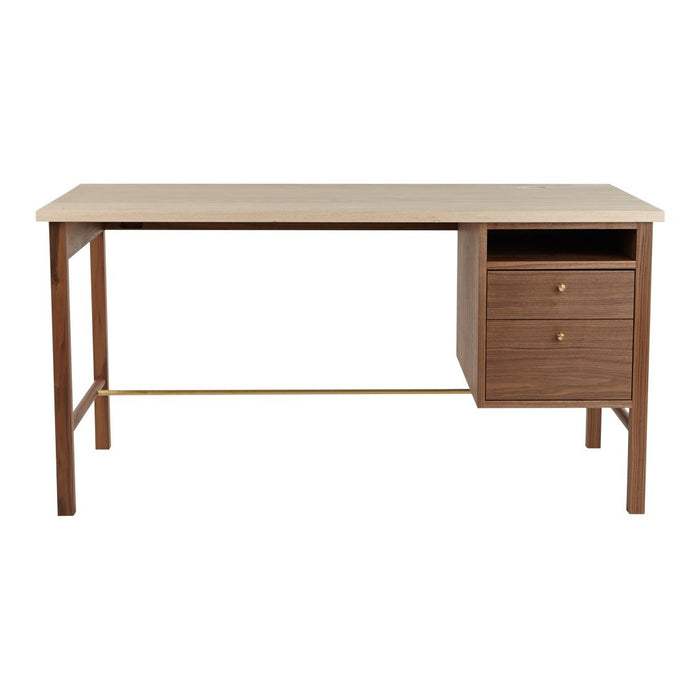 Light wood desk with a natural finish, featuring a minimalist design and two wooden drawers with brass handles.