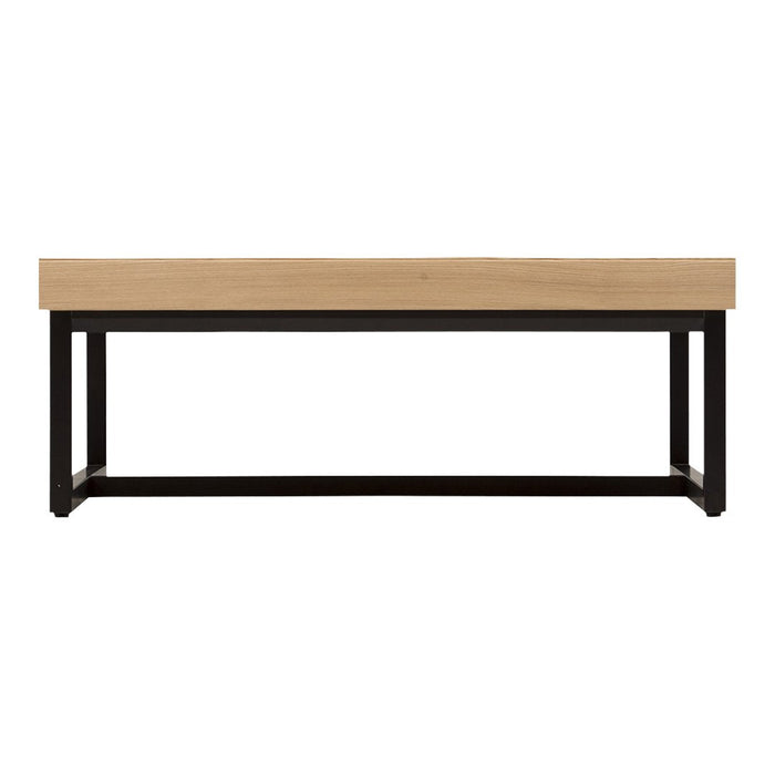 "Wooden tabletop in light natural finish with black metal frame, modern minimalist design."