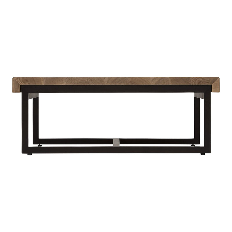 Wooden tabletop in warm tones with a sleek black metal frame, showcasing a contemporary design. Perfect for modern decor.