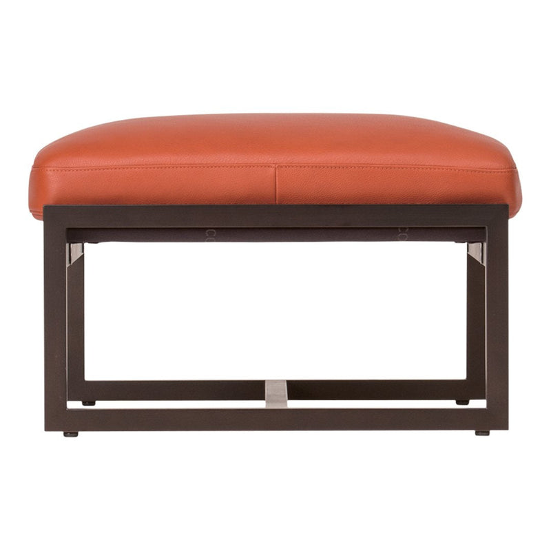 Orange leather ottoman with a sleek dark wood base and minimalist design. Perfect for modern decor.